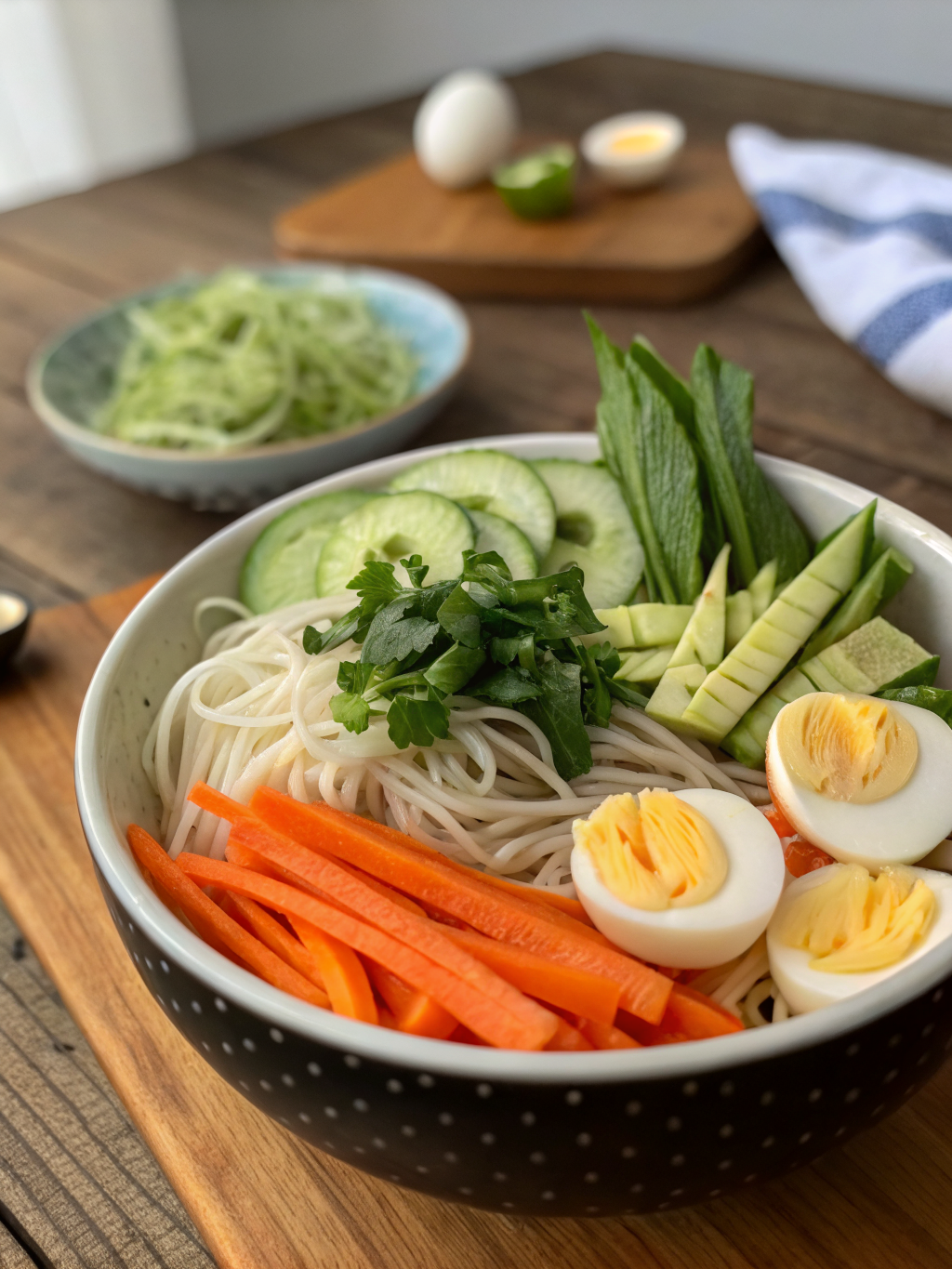 Cold noodle bowl ingredients laid out for easy preparation