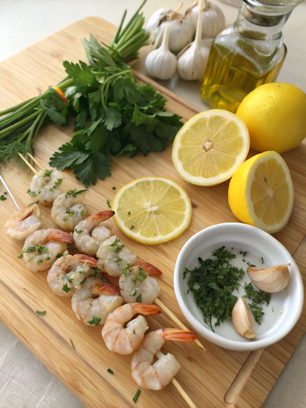 lemon herb shrimp skewers ingredients laid out