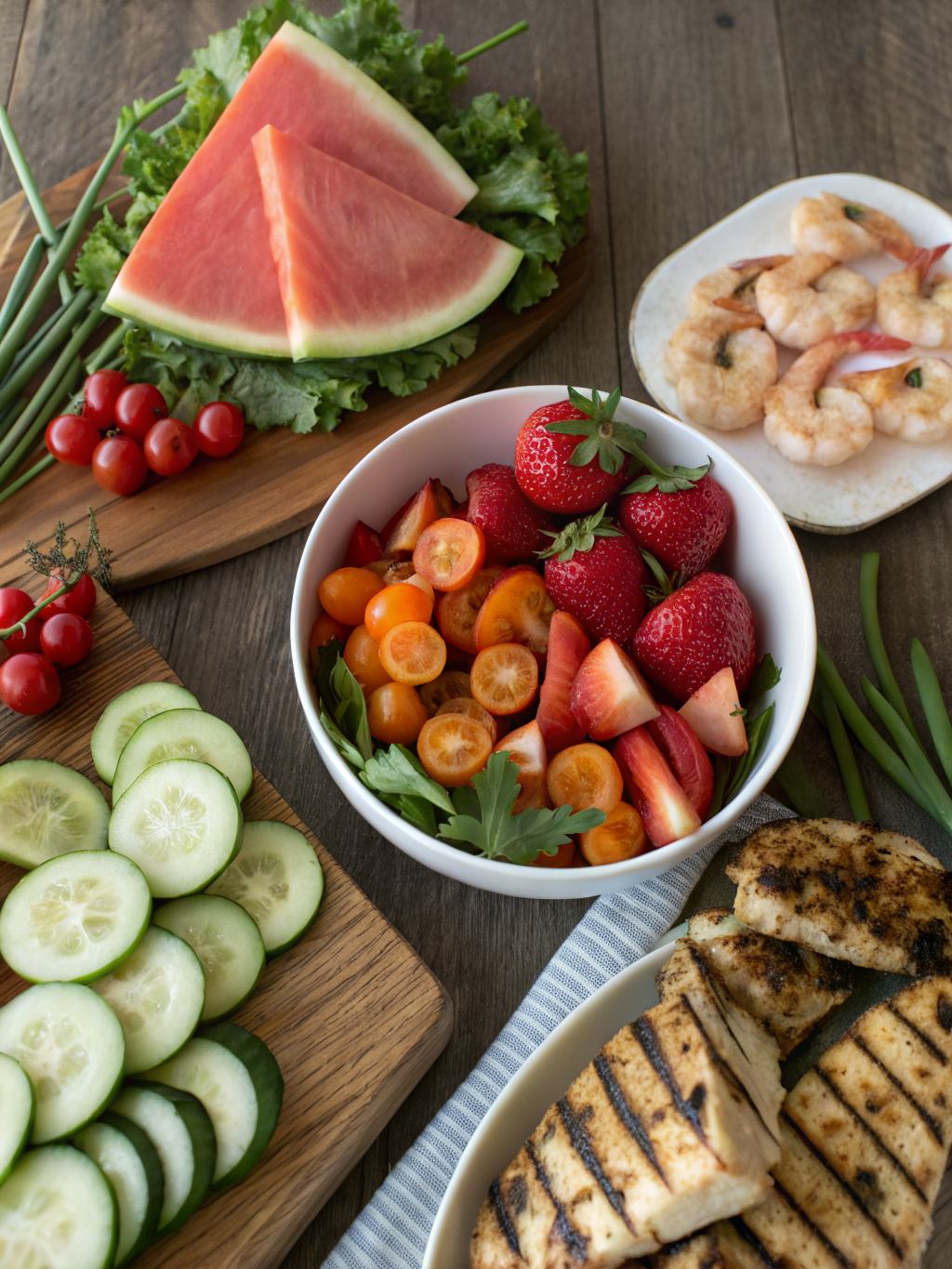 No-cook summer dinners ingredients displayed on a wooden board