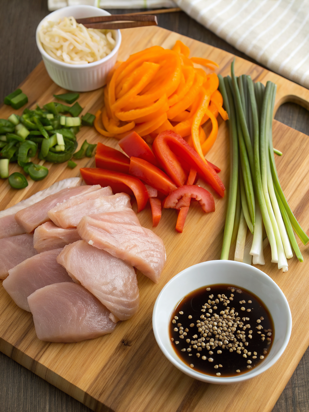 Teriyaki chicken bowls ingredients laid out on a countertop